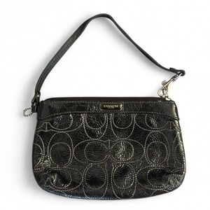 Coach Black Signature Poppy C Wristlet Monogram Canvas Leather Designer Bag